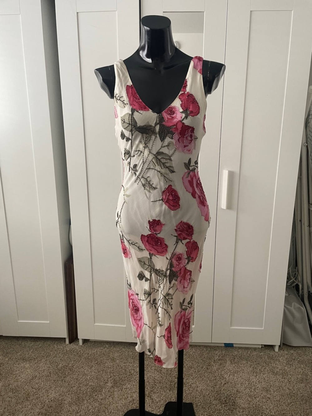 Pink Rose Print V-Neck Midi Dress